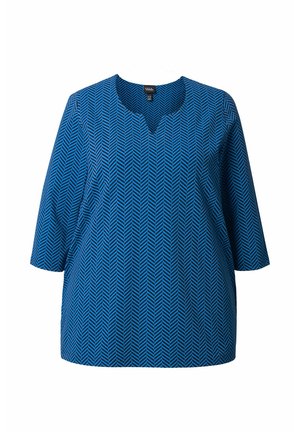 Blauwe tuniek met een visgraatpatroon, met een V-hals en driekwart mouwen. Gemaakt van een zachte, lichtgewicht stof.