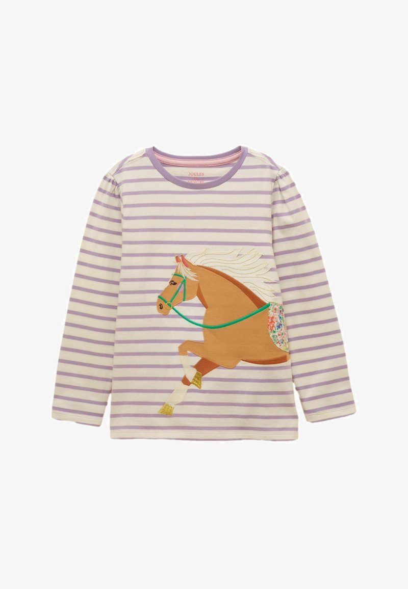 Garām piedurknēm krēmkrāsas krekls ar lavandas svītrām un lielu brūnu zirgu aplikāciju ar baltu loku un ziedu seglu priekšpusē.