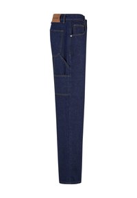Pantalons cargo en denim bleu foncé avec plusieurs poches, coupe droite et couture contrastante. Étiquette en cuir à la taille.