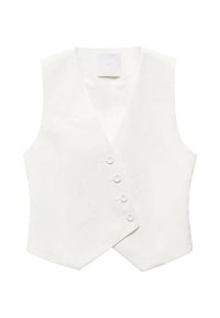 Gilet bianco senza maniche con scollo a V, caratterizzato da cinque bottoni rotondi sul davanti e una stoffa liscia e strutturata.