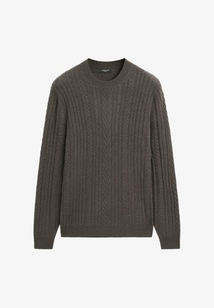 Pull en maille gris présentant un motif texturé avec des torsades en relief, un col rond et des manches longues. Confectionné dans un tissu doux, avec des poignets côtelés.
