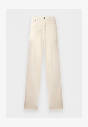 Off-white straight-leg pants with belt loops, front button, zip closure, and side pockets, displayed on a plain background.