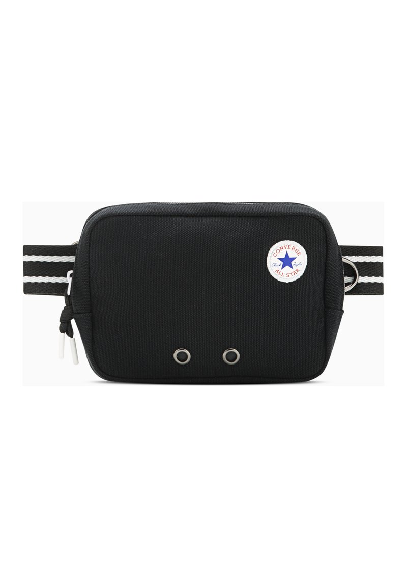 Borsa a tracolla in tessuto nero con strisce bianche, chiusura con zip e occhielli in metallo. Presenta una toppa con il logo Converse All Star. Forma rettangolare.