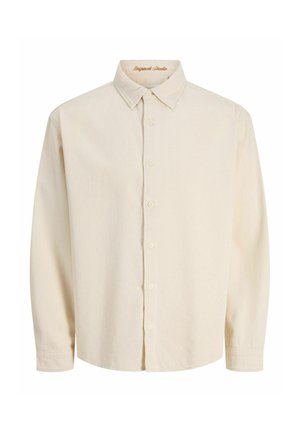 Jasno beżowa koszula z guzikami, wykonana z miękkiego materiału, z klasycznym kołnierzykiem, długimi rękawami i sześcioma guzikami z przodu.