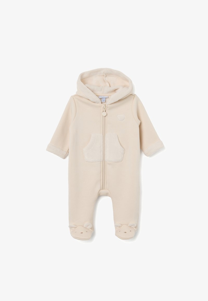 Monos de una pieza en color beige con cremallera, que incluye capucha, bolsillos suaves de textura y detalles de cara de oso en los pies. Fabricado con un tejido acogedor.