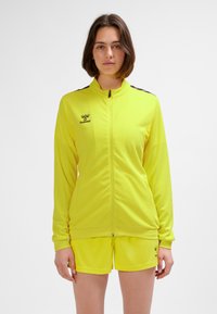 Gelbes Sportjacken- und Shorts-Set. Die Jacke hat einen Frontreißverschluss, einen hohen Kragen und schwarze Schulterakzente. Glatter, leichter Stoff.