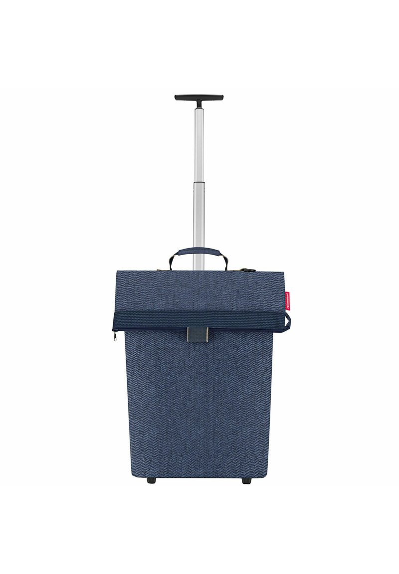 Blaues Roll-Tote-Bag im Fischgrätenmuster mit einem ausziehbaren Griff, einem oberen Tragegriff und einem Reißverschluss. Verfügt über einen stabilen Boden und Akzente.