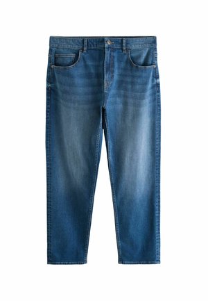 Jeans din denim albastru cu un croi drept, având cinci buzunare, închidere cu nasture și o ușoară decolorare pe material pentru textură.