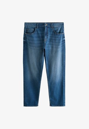Jean en denim bleu avec une coupe droite, comportant cinq poches, une fermeture à bouton et un léger dégradé sur le tissu pour une texture.