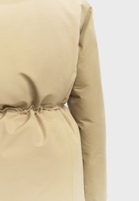 Cappotto beige con vita sfiancata, caratterizzato da una texture liscia e maniche lunghe. Il design è funzionale con dettagli di cucitura minimi.