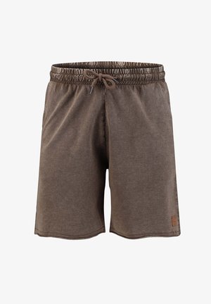 Bruine casual korte broek met elastische tailleband en vooraan trekkoord, gemaakt van zachte stof, met een klein genaaid logopatch op het linkerbeen.