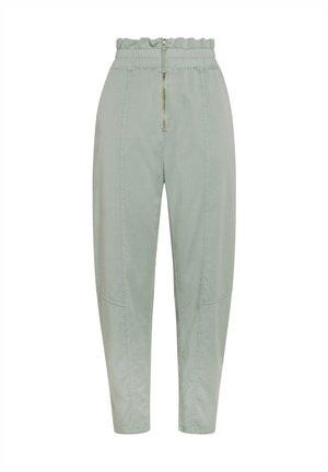 Helle grüne, schmal zulaufende Hose mit elastischem Bund, Reißverschluss und seitlichen Nähdetails. Weicher Stoff und lässige Passform.