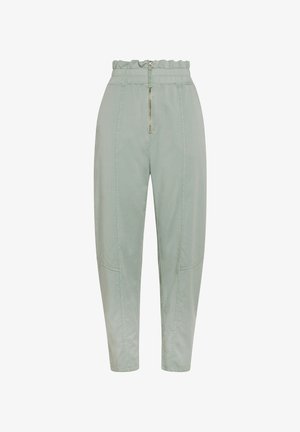 Helle grüne, schmal zulaufende Hose mit elastischem Bund, Reißverschluss und seitlichen Nähdetails. Weicher Stoff und lässige Passform.