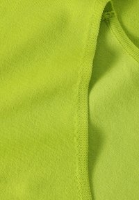 Jasně zelená látka, měkká textura, s viditelným šitím podél okrajů a hladkým povrchem. Jemně strukturovaný vzhled, detailní pohled.