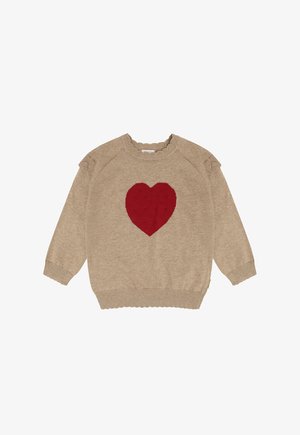 Maglione lavorato a maglia beige con un grande motivo a cuore rosso sul davanti, dotato di polsini a coste, orlo e dettagli sulle spalle.