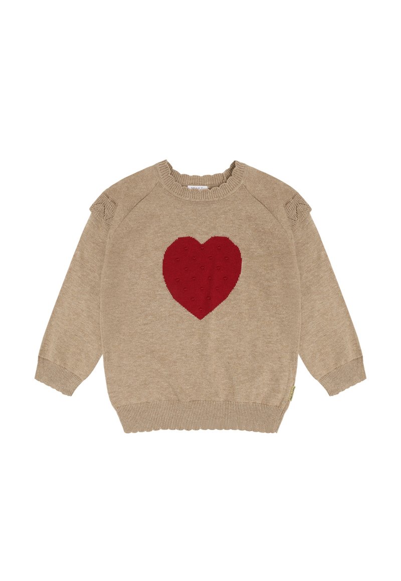 Beige gestrickter Pullover mit großem rotem Herzmuster auf der Vorderseite, mit gerippten Bündchen, Saum und Schulterdetails.