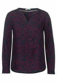 Blusa de manga larga azul marino con pequeño patrón floral rojo, escote redondo y tapeta corta en la parte frontal.