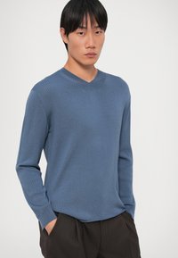 Pulover albastru cu dungi, cu mânecă lungă și decolteu în V, fabricat dintr-un material texturat, cu o siluetă ajustată, purtat cu pantaloni închiși la culoare.