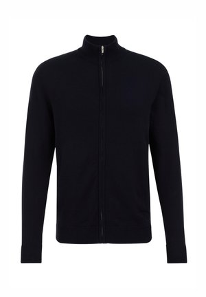 Schwarzer Zip-Up-Pullover mit hohem Kragen, aus einem glatten Strickstoff gefertigt. Mit gerippten Bündchen und Saum für einen figurschmeichelnden Look.