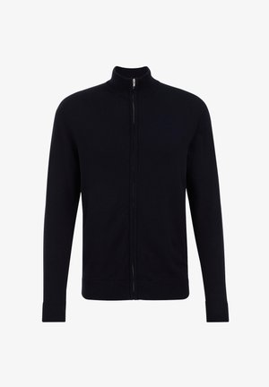 Schwarzer Zip-Up-Pullover mit hohem Kragen, aus einem glatten Strickstoff gefertigt. Mit gerippten Bündchen und Saum für einen figurschmeichelnden Look.