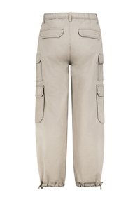 Cargo-Hosen in hellbeige mit einem elastischen Bund, seitlichen Cargo-Taschen und verstellbaren Säumen an den Knöcheln. Glattes, atmungsaktives Material.