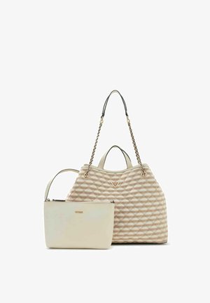 Borsa tote beige con motivo a fantasia, manici a catena e una piccola pochette beige semplice con cerniera e tracolla corta davanti.