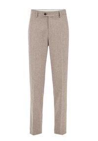 Beige Slim-Fit-Hosen mit Gürtelschlaufen, Knopfverschluss und einer dezenten strukturierten Stoffoberfläche.