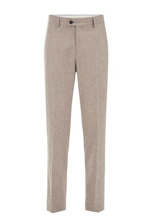 Beige slim-fit-housut, joissa on vyölenkit, napin sulkeminen ja hienovarainen tekstuuri.