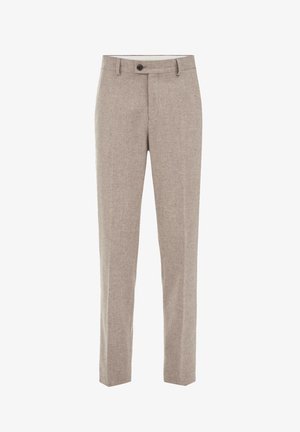 Beige slim-fit-housut, joissa on vyölenkit, napin sulkeminen ja hienovarainen tekstuuri.