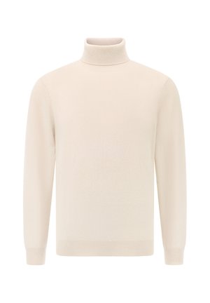 Krémový rolák vyrobený z měkké pleteniny, s dlouhými rukávy a žebrovaným límcem a manžetami. Hladký povrch s minimálními detaily.