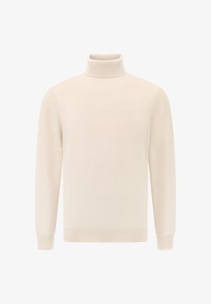 Kremowy sweter z golfem wykonany z miękkiego dzianiny, z długimi rękawami oraz ściągaczem przy kołnierzu i mankietach. Gładka faktura z minimalnymi detalami.