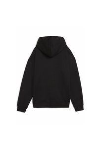 Felpa nera con cappuccio realizzata in tessuto liscio, caratterizzata da una vestibilità ampia, maniche lunghe e senza loghi o motivi visibili.