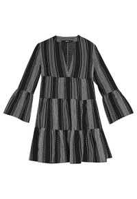 Robe à rayures noires et blanches avec un décolleté en V, un design à étages et des manches évasées. Présente des lignes verticales et des accents ponctués tout au long.