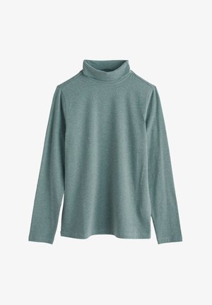 Langärmliges Turtleneck-Oberteil in einem sanften Teal-Ton, aus strukturiertem Stoff mit lockerer Passform und aufgerolltem Kragen.