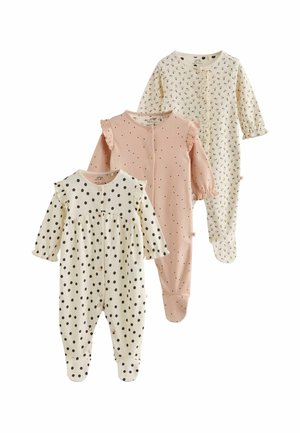 Tre heldækkende baby pyjamas med knapper foran, med polkaprikker, lyserødt stof med små prikker og et cremet print med små ankre.