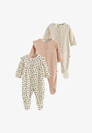 Drei langärmelige Baby-Schlafanzüge mit Fuß und Knöpfen vorne, mit Polka-Dots, einem rosa Stoff mit kleinen Punkten und einem cremefarbenen Druck mit kleinen Ankern.