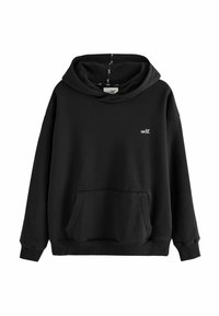 Zwarte pullover hoodie met een voorzak en klein wit "self." logo op de linkerkant van de borst, afgebeeld op een witte achtergrond.