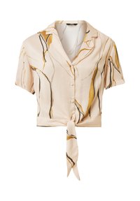 Korte mouwen, lichtbeige blouse met een knoopsluiting aan de voorkant, een geknoopt zoom en abstracte gouden en zwarte lijnenpatronen. Zachte, gladde stoftextuur.