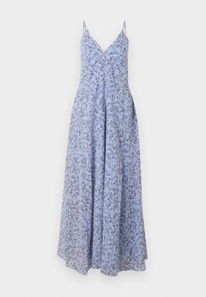 Φόρεμα μακρύ ανοιχτό μπλε με λεπτές τιράντες, V-λαιμόκοψη και μικρό λουλουδάτο μοτίβο, με εφαρμοστό μπούστο και ροή στην φούστα.