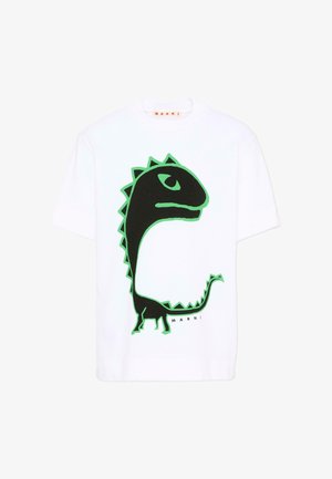Wit T-shirt met een grote zwarte dinosaurusafbeelding omlijnd in groen en de merknaam Marni onder de staart.