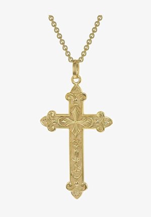 Goldener Anhänger in Form eines Kreuzes mit intricaten Gravuren. Verfügt über eine strukturierte Oberfläche und dekorative Akzente an den Enden der Arme und der Basis.