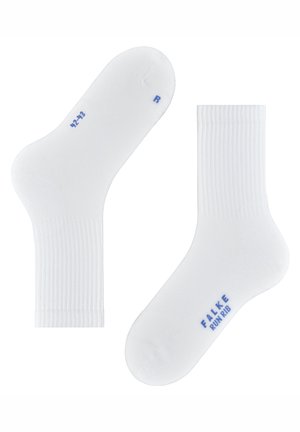 Weiße gerippte Sneakersocken mit blauem "FALKE RUN RIB"-Text an der Sohle und Größenangabe auf dem rechten Socken.