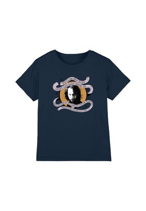 Navy blue t-shirt with a circular portrait of a man and a ribbon text reading about light, dark, and choosing actions.