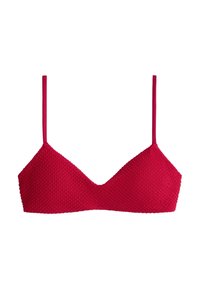 Brassière rouge en tissu texturé avec fines bretelles réglables et bonnets triangulaires, présentée sur fond blanc.