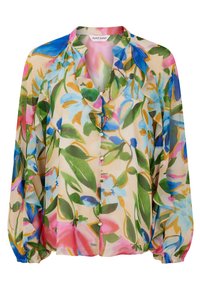 Blusa floreale in tessuto leggero e trasparente, con vivaci colori di rosa, blu e verde, arricchita da dettagli a volant e bottoni.