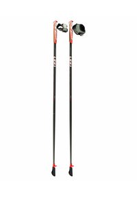 Lightweight black ski poles with red and gray accents. Features ergonomic grips, adjustable straps, and rubber tips for enhanced stability.