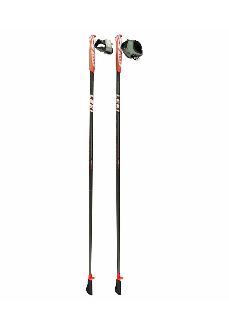 Lightweight black ski poles with red and gray accents. Features ergonomic grips, adjustable straps, and rubber tips for enhanced stability.