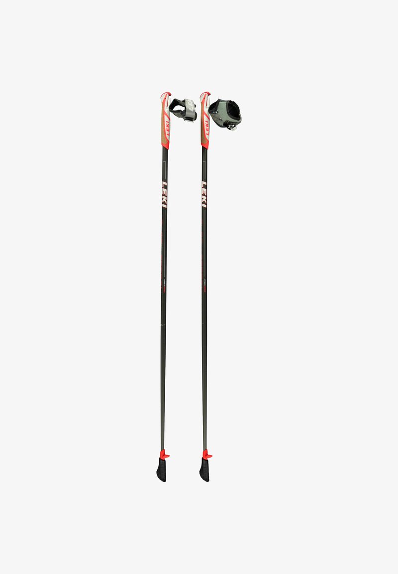 Lightweight black ski poles with red and gray accents. Features ergonomic grips, adjustable straps, and rubber tips for enhanced stability.