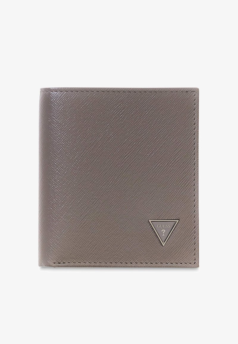 Portafoglio bi-fold in pelle grigia con superficie testurizzata e bordi cuciti. Presenta un logo a triangolo nell'angolo in basso a destra.