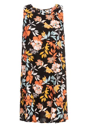 Robe noire sans manches avec un motif floral et de feuilles en orange, jaune, blanc et bleu clair, encolure ronde, coupe ample.